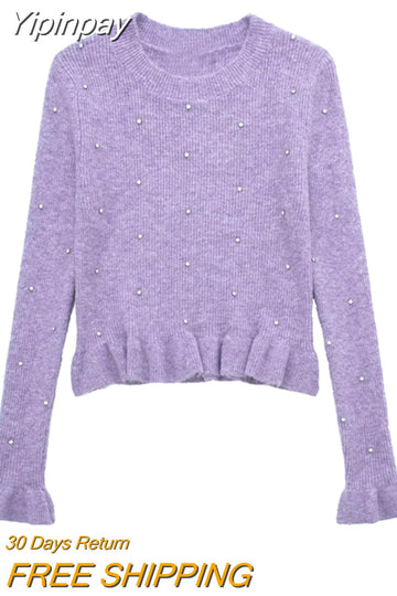 Yipinpay 2023 Purple Knitted Sweater Women Beaded Ruffle Cropped Sweater Woman Jumper Long Sleeve Knit Top Autumn Women's Pullover